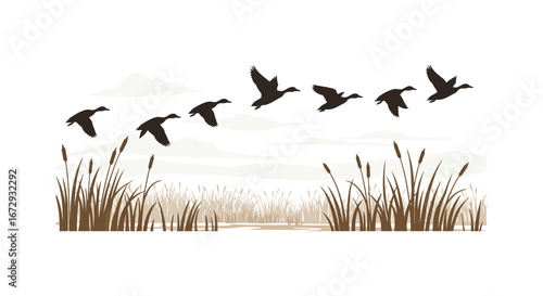 a flock of birds flying over a serene wetland landscape with cattails