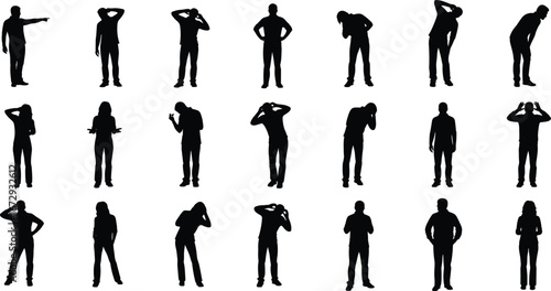Silhouette people, stress and frustration, male and female gestures, anxiety depression poses, emotional expression, mental health problem, sad worried illustration vector