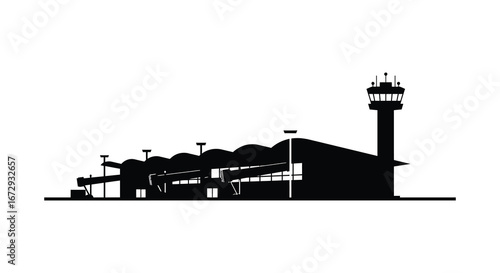 Airport terminal building with control tower silhouette