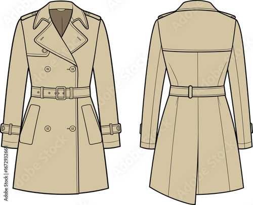 Classic trench coat fashion flat sketch, women’s outerwear vector, front and back view, belted coat, technical clothing drawing, jacket design template, apparel illustration