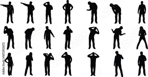 Silhouette people, stress poses, confused man and woman gestures, frustration, anxiety, depression, mental health problem, emotional expression, upset illustration vector