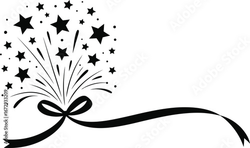 Black and white firework burst with ribbon and stars