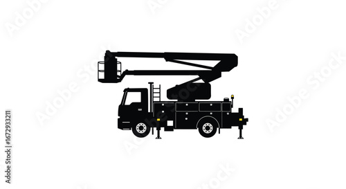 A black silhouette of a truck with a raised boom lift attached