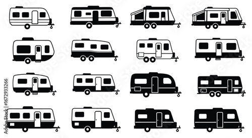 Collection of various camper van and rv illustrations in different styles