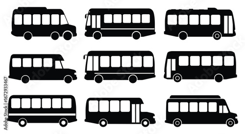 Collection of various bus and van silhouettes in different styles and sizes