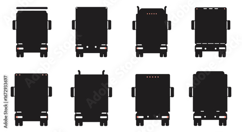 Rear views of various trucks and semi trailers in silhouette