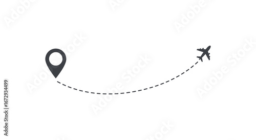 Airplane flying away from a location marker on a dotted line path