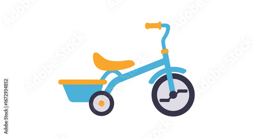 A blue tricycle with a yellow seat and handlebars for kids