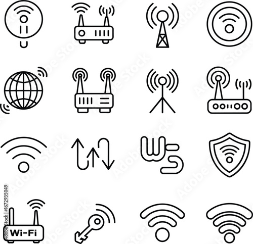 Flat vector illustration, wireless icons, Wi‑Fi symbols, router graphic, network tower, internet signal, secure connection, antenna design, online access, connectivity concept