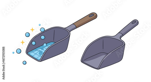 Two dustpans one with sparkling dust particles being swept