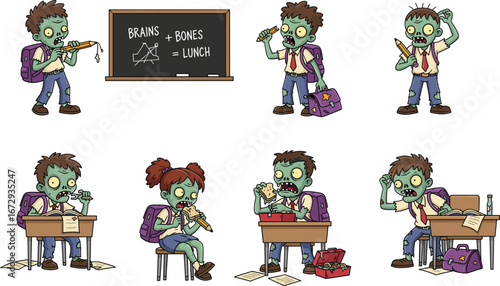 Cute zombie school kids studying, funny undead children eating, scared and confused zombie students with backpacks, cartoon school kids learning, pencil, lunch, classroom, homework chaos, spooky kids