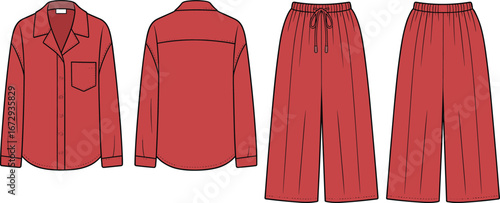 Fashion flat sketch of button-down shirt and wide-leg pants set, front and back technical drawing, vector template, sleepwear loungewear outfit for women apparel design