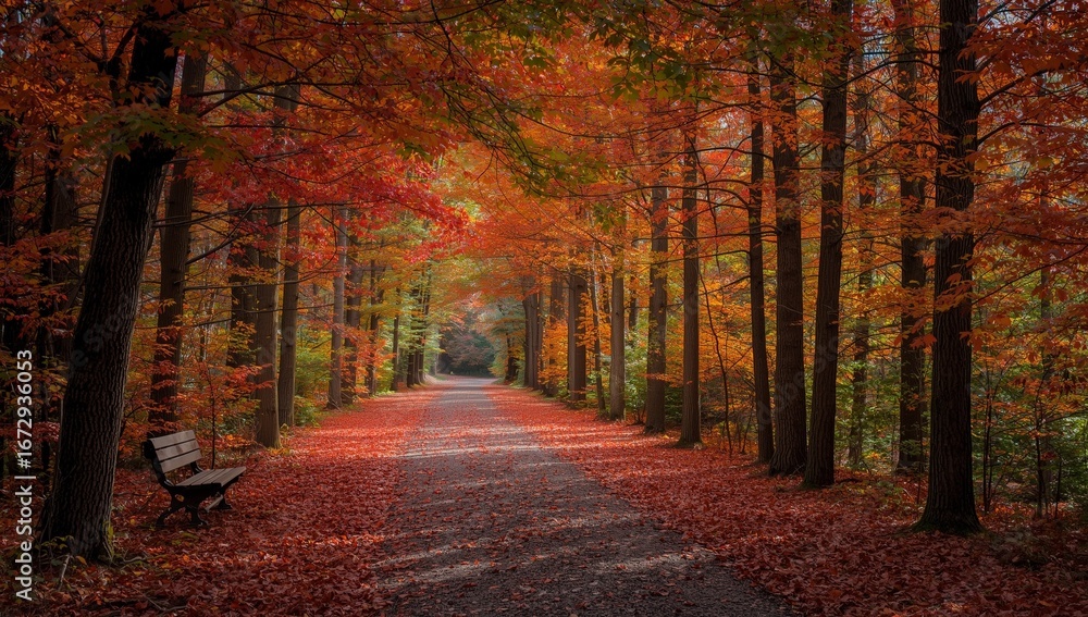 Fototapeta premium Autumn Path Adorned with Vibrant Red Leaves