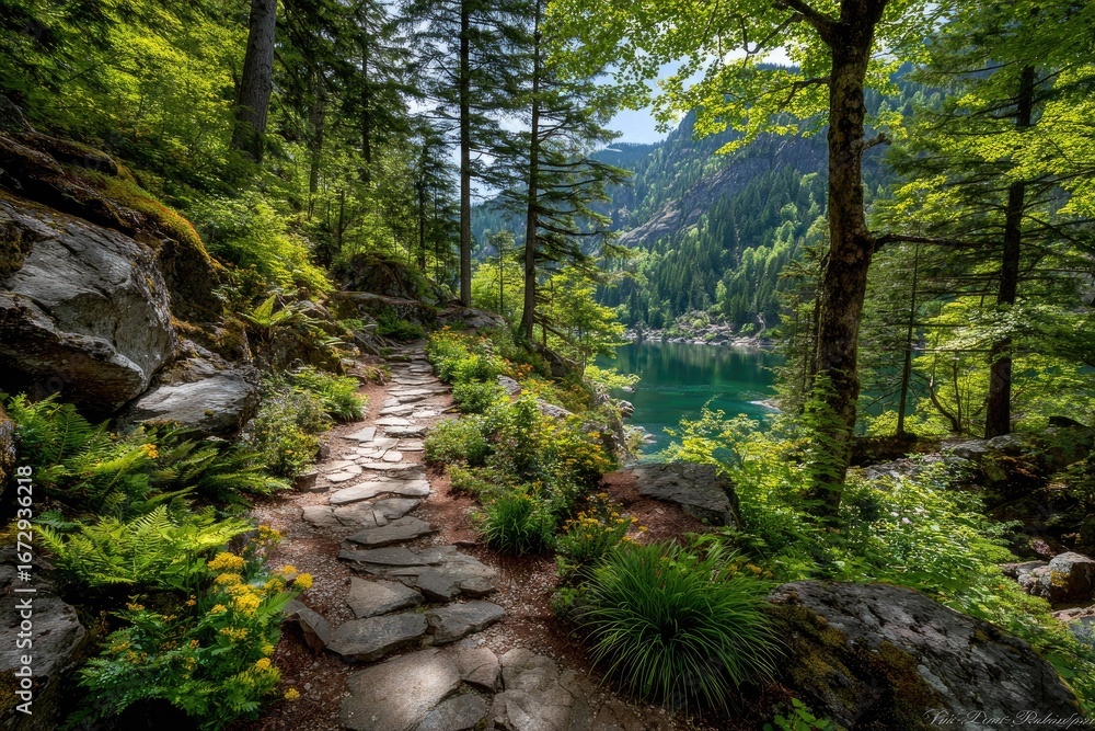 Fototapeta premium Sun-dappled stone path winds through lush forest to tranquil lake