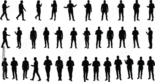 Silhouettes of diverse business people walking, talking, using phones, gesturing, men and women, professional attire, teamwork, communication, corporate staff, office interaction