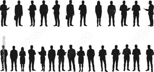 Silhouettes of diverse business professionals standing, holding documents, teamwork concept, corporate group, men and women, isolated white background