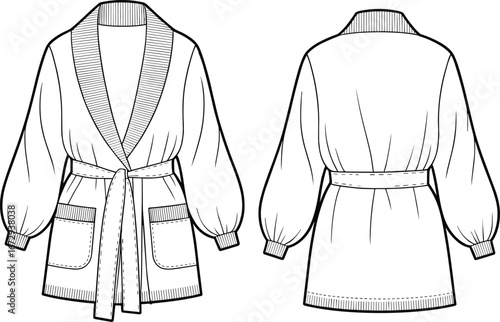 Flat fashion sketch of belted cardigan with balloon sleeves, women’s outerwear technical drawing, stylish knit sweater template, front and back clothing illustration