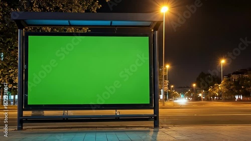 Empty green screen bus stop advertisement nighttime cityscape