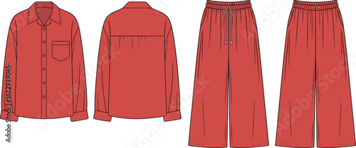 Flat sketch of front and back shirt and pants, long sleeve button-down top, wide leg drawstring pants, vector fashion design template, loungewear outfit illustration