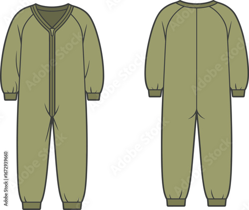 Front and back flat sketch of jumpsuit, long sleeve zippered one-piece, technical fashion drawing, unisex sleepwear or loungewear, vector template, apparel design illustration