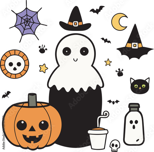 Adorable Halloween Icons: Ghost, Pumpkin, Witch Hats, Bats, and More