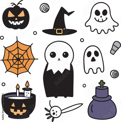 Spooky Halloween Icons: Pumpkin, Ghosts, Witch Hat, Spiderweb, Cauldron, and More