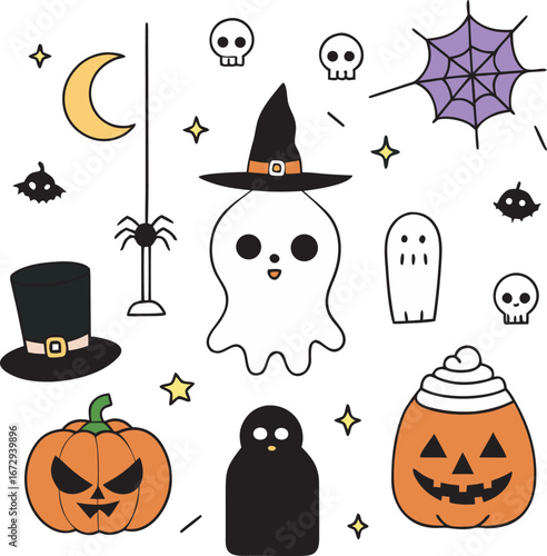 Adorable Halloween Icons: Ghosts, Pumpkins, Bats, Spiders, Skulls, and More