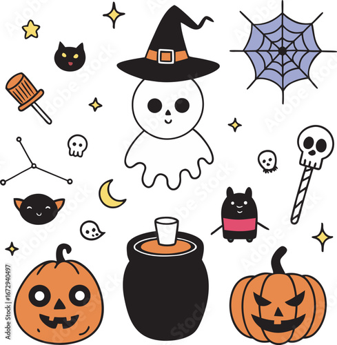 Whimsical Halloween Icons: Ghost, Pumpkins, Cats, Witch Hat, and More