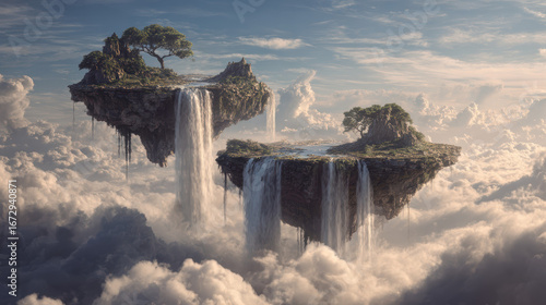 Floating islands sky waterfall cloud fantasy landscape serene tree
