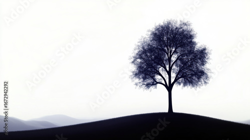 Lone tree stands on gentle hill in open field soft vintage film style tranquil mood high fidelity minimal landscape serene nature peaceful scenery subtle gradient background