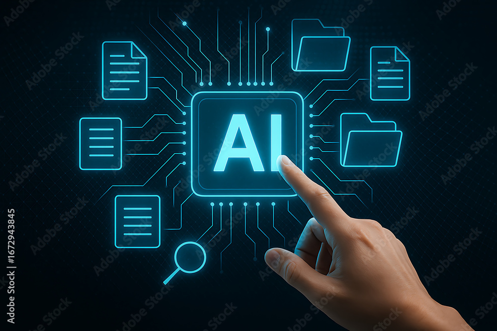 Naklejka premium A hand pointing to an ai processor connected to digital folders and documents, symbolizing artificial intelligence managing data and files