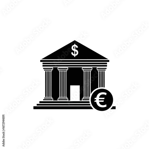 A stylized black and white illustration of a classical bank building with a dollar sign above the entrance and a euro symbol on the right side.