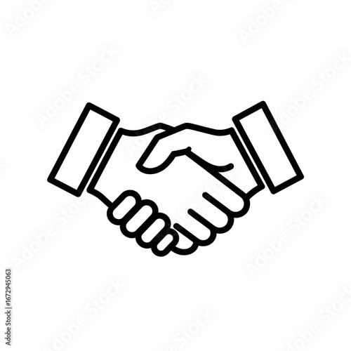 Simple black line drawing of two hands shaking in a business agreement.