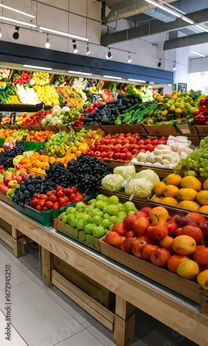 Colorful fresh produce display in grocery store