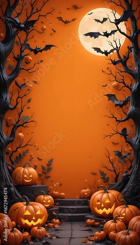Halloween background with pumpkins bats full moon dark trees and spooky orange atmosphere