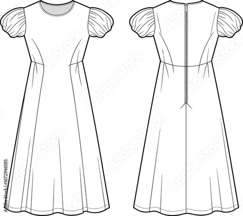 Fashion CAD Drawing of a Midi Dress with Puff Sleeves, A-line Skirt, and Back Zipper Closure, Front and Back View