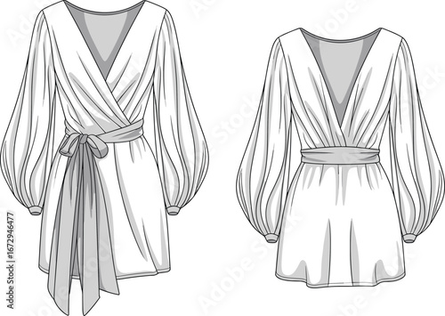 Women's dress fashion illustration, front and back view, V-neckline, voluminous sleeves, flared skirt, sash bow, garment design, cad drawing flat vector illustration