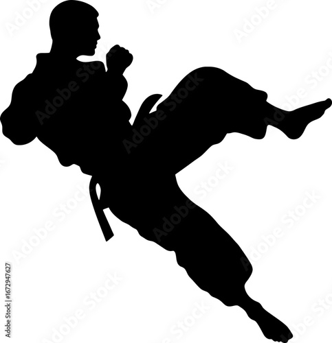 silhouette of a pencak silat martial artist spinning mid-air performing a circular kick