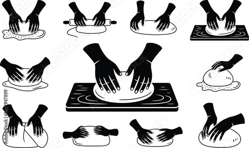 Black and white illustrations of hands kneading dough
