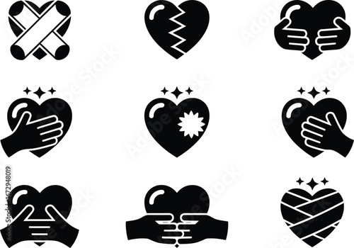 Black Heart Icons Representing Love and Care broken heart
