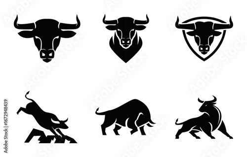 Bull Logo and Silhouette Collection: Strong Black Bull Head and Full Body Icons for Design, Mascot, and Branding