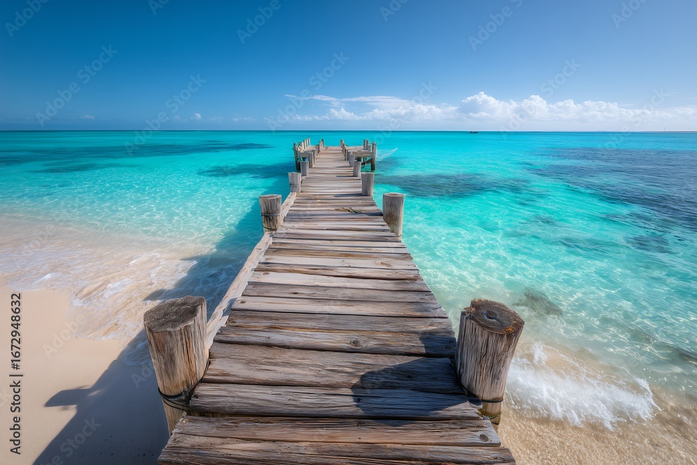 Obraz premium Wooden pier stretches into crystal turquoise water, with sandy beach and clear sky. Concept for coastal escape, tropical vacation and serene landscape photography