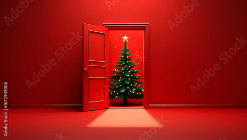 Christmas tree behind the red door opening