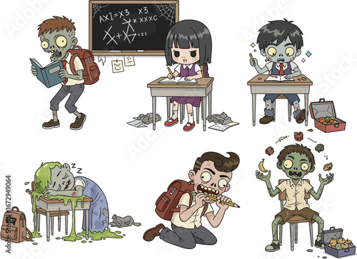Funny zombie students studying, spooky classroom characters, cartoon undead kids, creepy school scene, Halloween zombie kids, playful horror school illustration, zombie kids at school