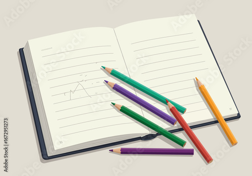 Open Notebook with Colorful Pencils on Lined Pages Sketch.