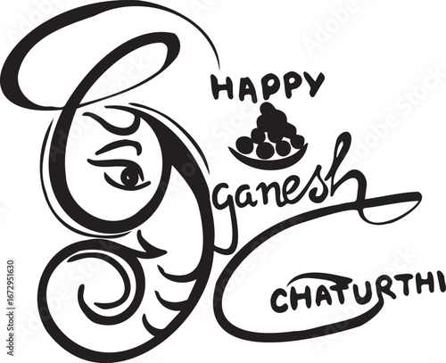 Happy Ganesh Chaturthi: A captivating illustration celebrating the revered deity, with stylized lettering and a symbolic Laddu offering, evokes blessings and joy for the occasion.