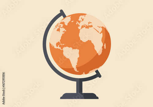 Illustrated Globe with Stand Depicting Continents in Orange and Beige.