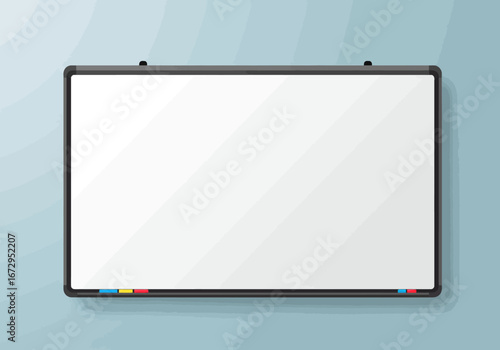 Clean Whiteboard with Black Frame and Colorful Markers.