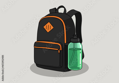 Black Backpack with Orange Trim and Green Water Bottle Illustration.