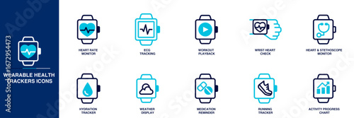 Wearable Health Trackers Blue Colored Outline Icon Set